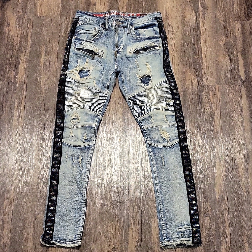 Men's Smugglers Moon Distressed Denim Jeans with rhinestone/studded side stripe.